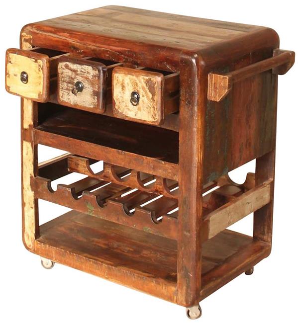 Mobiletto indiano in legno di recupero con ruote
