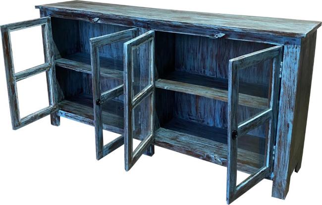 Credenza vetrina indiana in legno massello con vetri base celeste decapato
