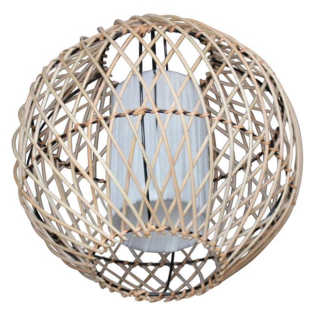 Lampadario tondo etnico fili di bamboo e tessuto bianco